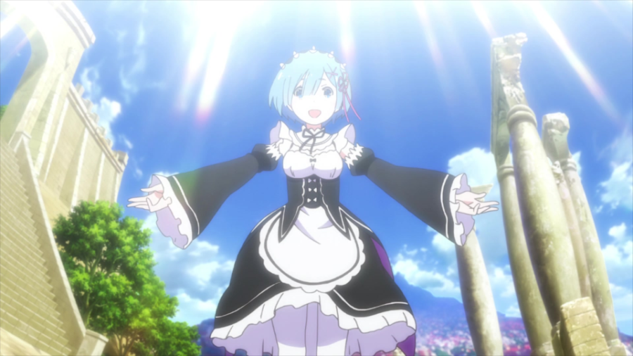 Blue-haired white girl in a maid uniform stands with arms wide and a smile on her face. She's surrounded by white pillars in ruins, and sunlight streams onto her from the sky.