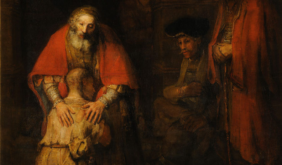 Painting of a white man in a red robe embracing a kneeling white man in a soiled robe