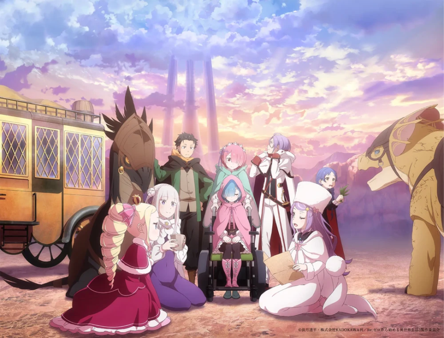 Three white girls sit in a circle, one of them is reading to the others. One blue-haired girl is in a wheelchair pushed by a pink-haired girl. A white man stands beside them. Two dinosaur-like creatures are in the mix, and a white girl is feeding one of them in the background. One more androgynous character in a white robe looks up at the sky.