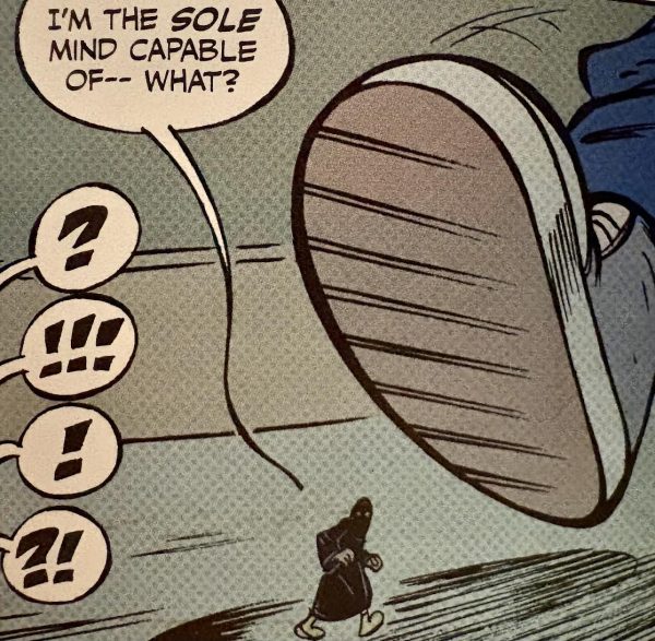 Giant foot comes down in a hooded figure