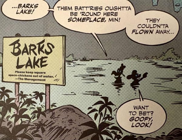 Two figures are silhouetted in a lake talking about someone who has disappeared