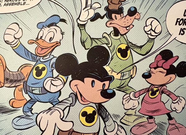 A white duck, a mouse without a bow, a mouse with a bow, and a dog-like all wear spacesuits and look ready for battle