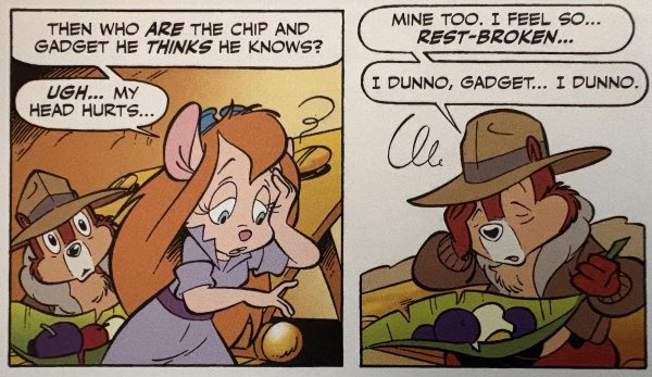 A girl chipmunk in a purple dress and a boy chipmunk in a hat bemoan not understanding something