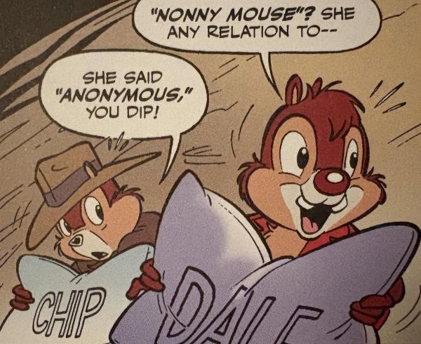 A red-nosed chipmunk reading a newspaper asks about someone named "Nonny Mouse", and a black-nosed chipmunk in a hat replies that the word was "Anonymous"