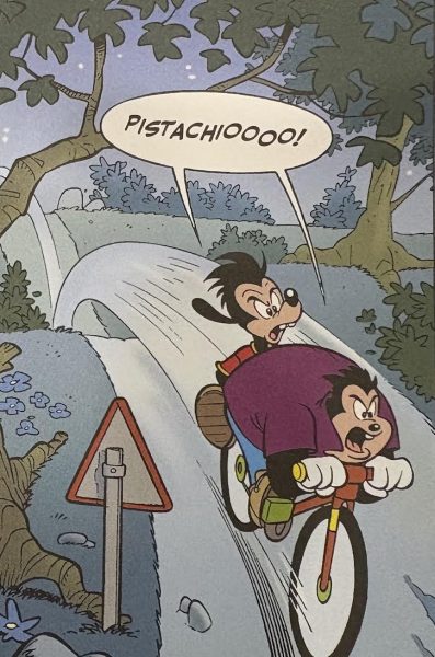 Two anthropomorphic dogs ride a bicycle in the dark and yell "Pistachio"